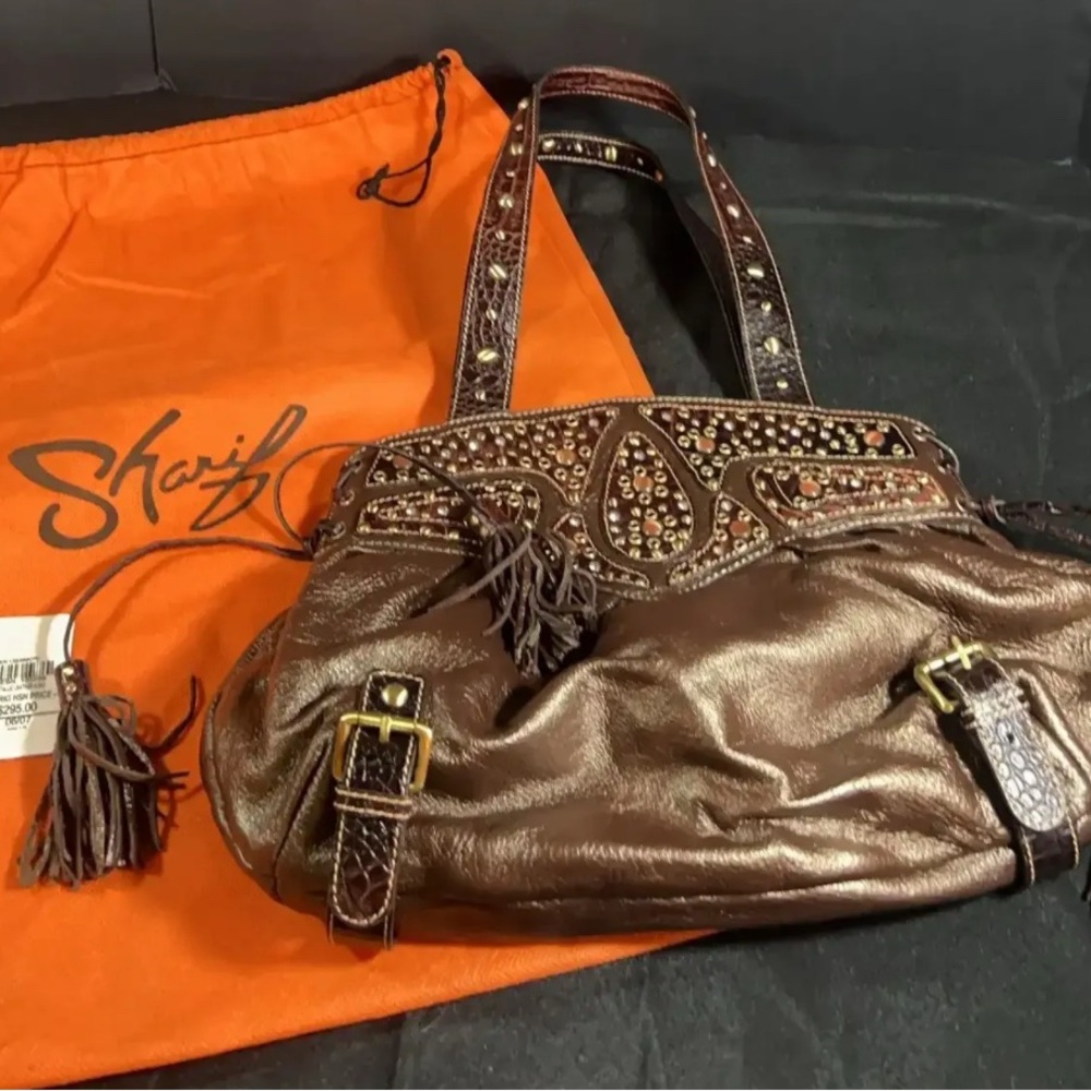 bronze leather Sharif Studio embellished shoulder handbag with fringe